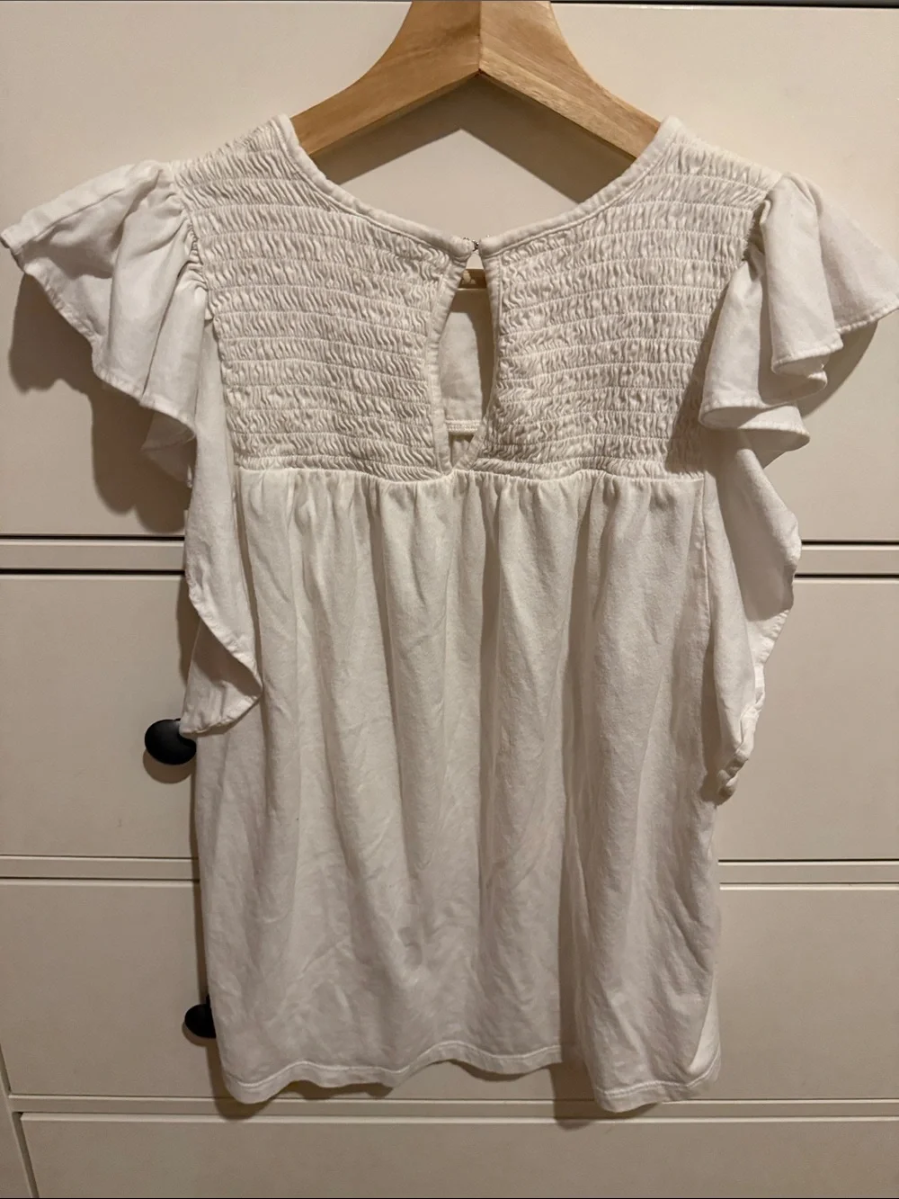 Banana Republic White Smocked Yoke Flutter Sleeve Top